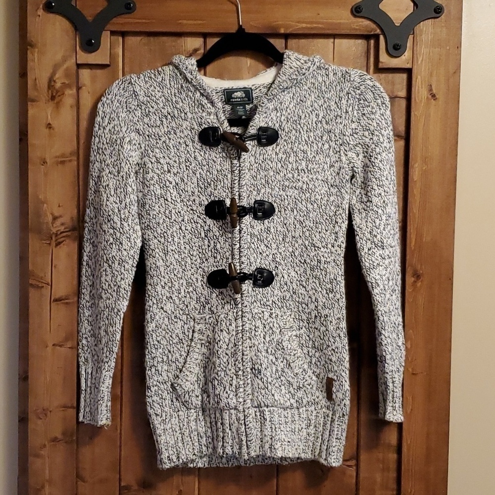 Roots Kids Black White Fleck Cotton Blend Zip Up Hooded Sweater Size M 7…